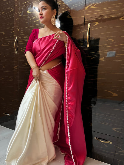 Pearl Satin Silk Saree (Red)