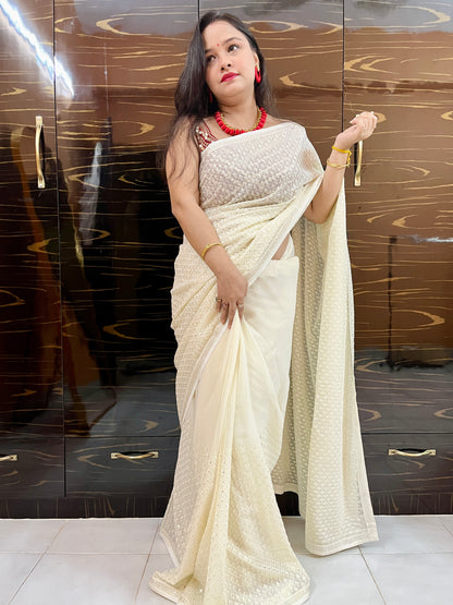 Sequence Georgette Saree (Off White)