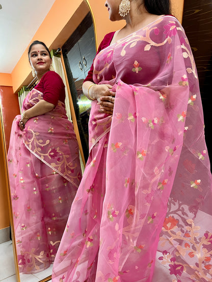 Baby Pink Resham Silk Muslin Handloom Jamdani Saree