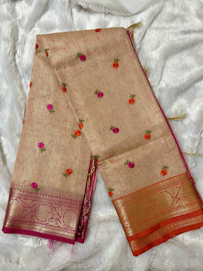 Cotton Tissue Embroidery Saree (Pink)