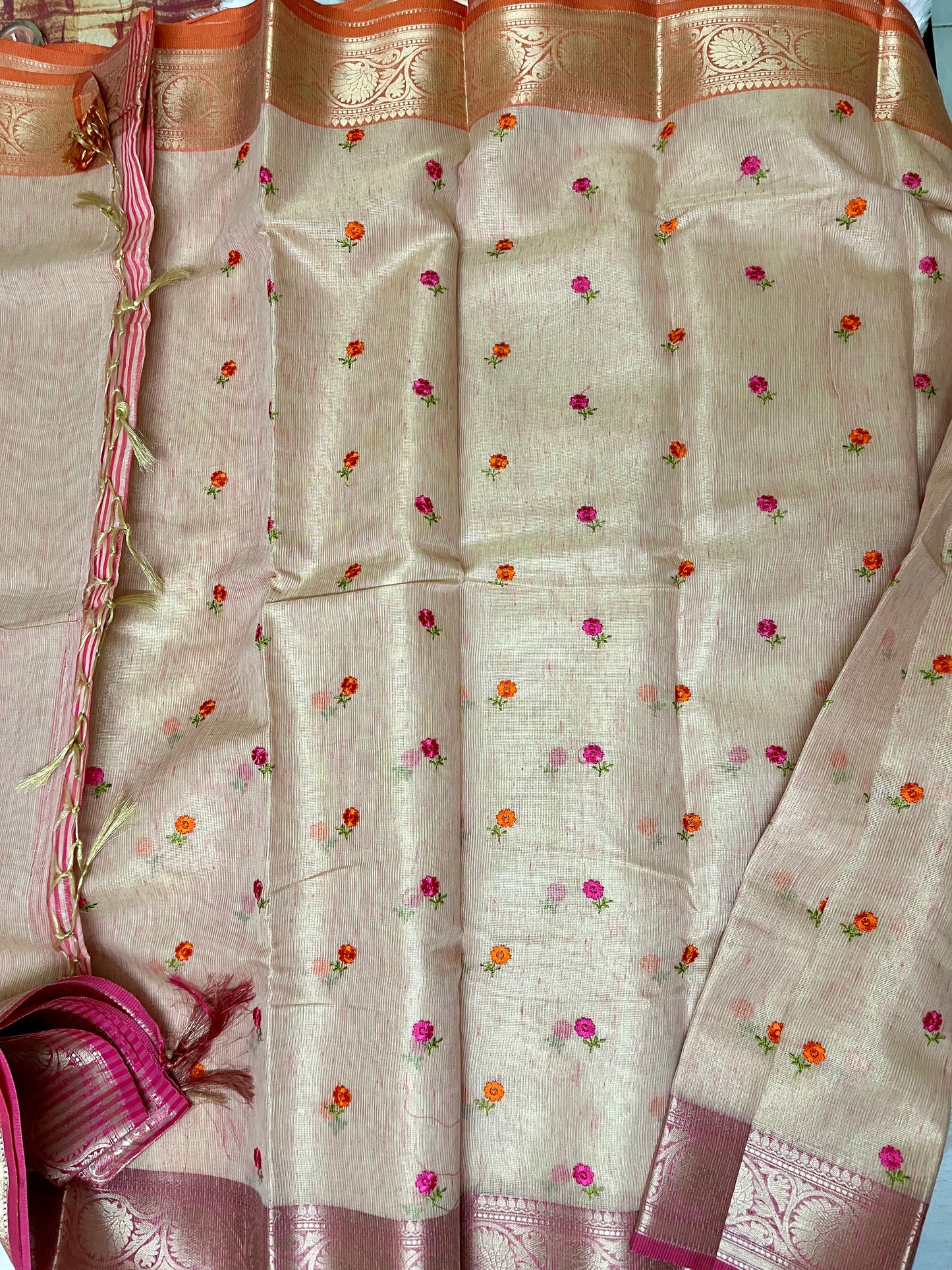 Cotton Tissue Embroidery Saree (Pink)