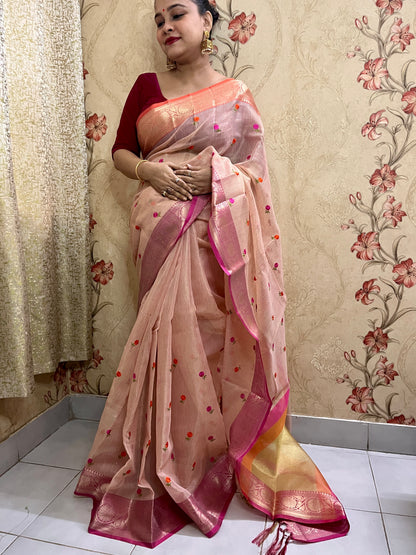 Cotton Tissue Embroidery Saree (Pink)