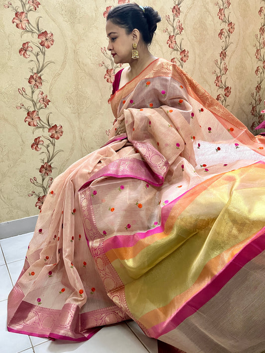 Cotton Tissue Embroidery Saree (Pink)