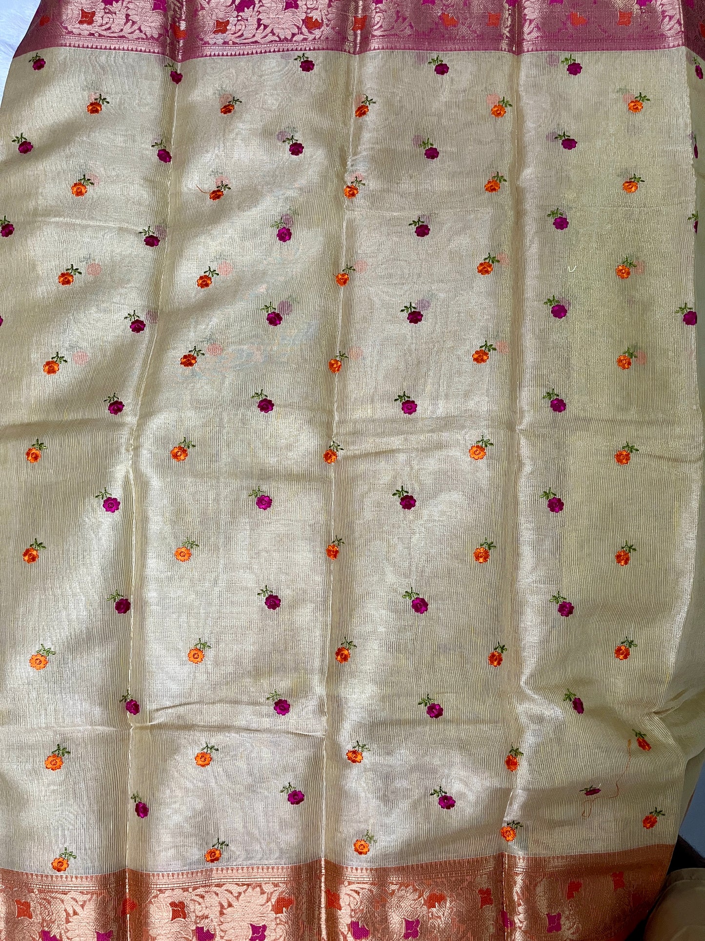 Cotton Tissue Embroidery Saree (Sandal Wood)