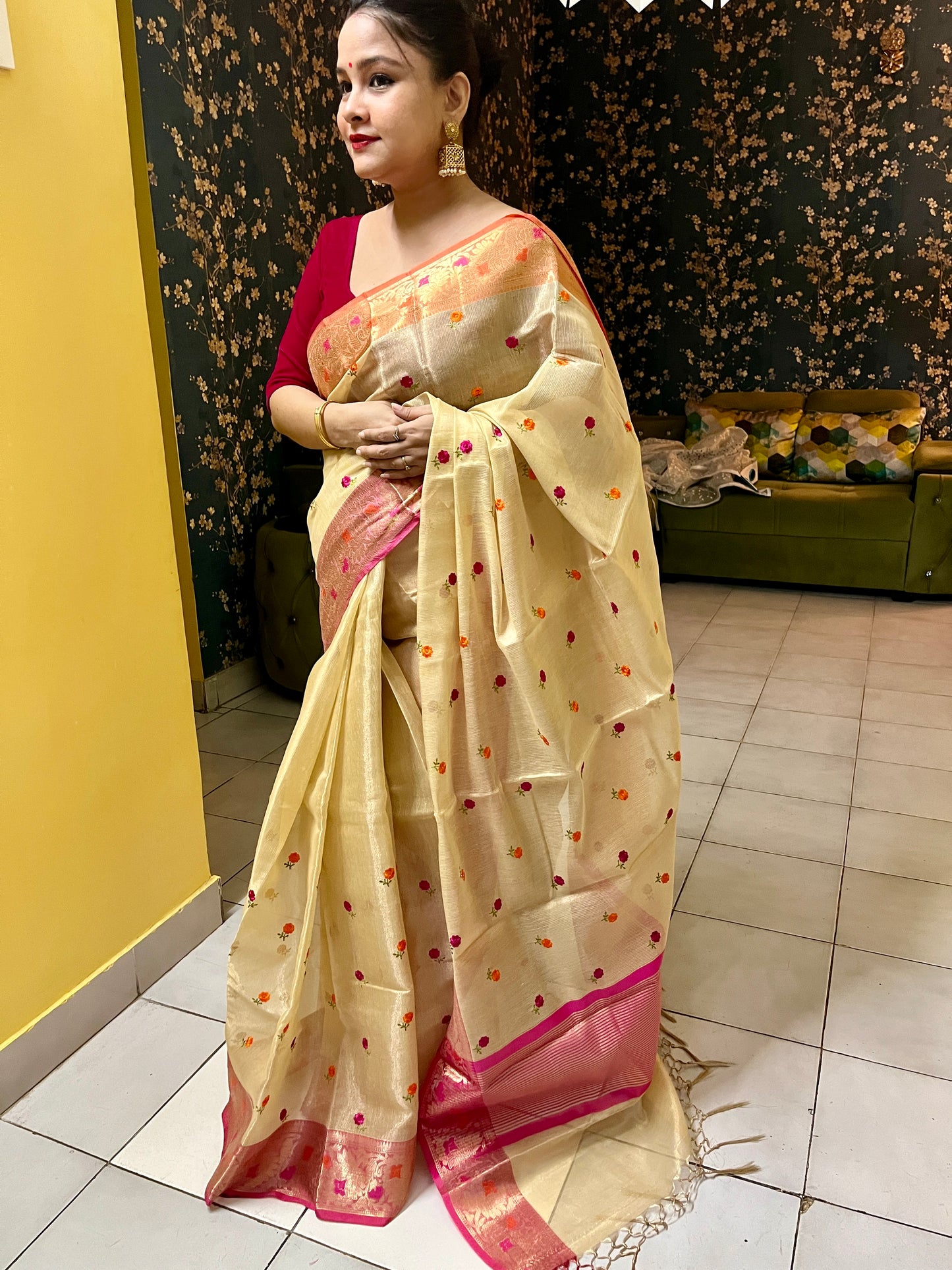 Cotton Tissue Embroidery Saree (Sandal Wood)