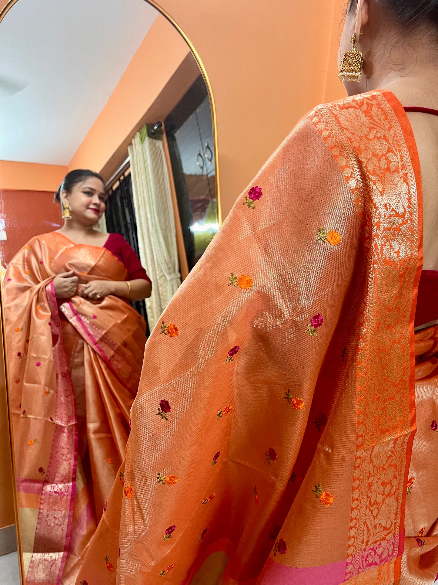 Cotton Tissue Embroidery Saree (Orange)