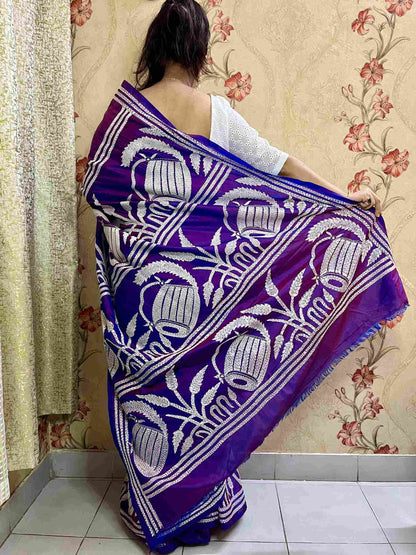 Kantha Stitch with Kash Phul & Dhak design on blended Bangalore Silk