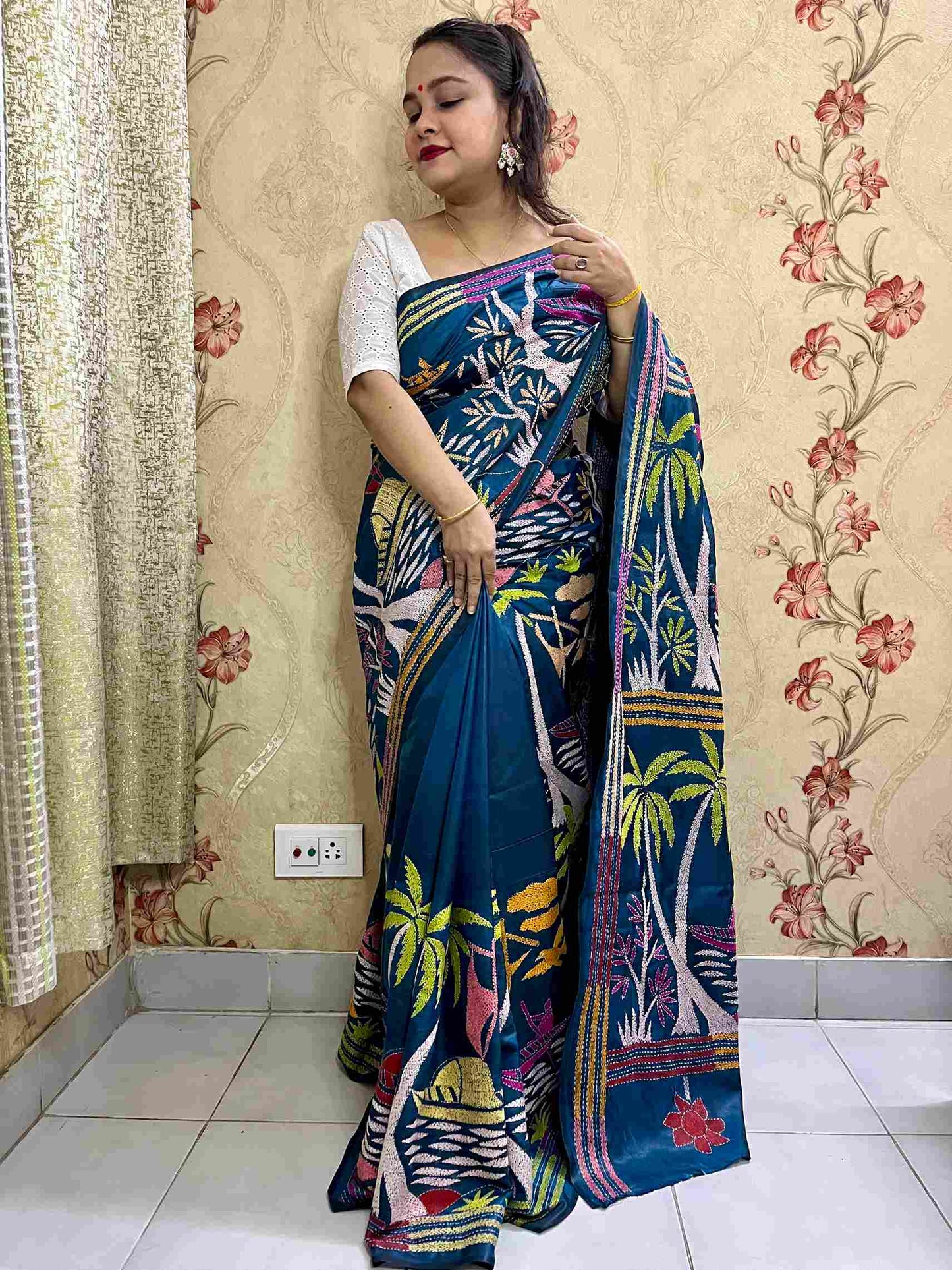 Kantha Stitch Boat & Village Motif Saree (Peacock Blue) on Blended Bangalore Silk