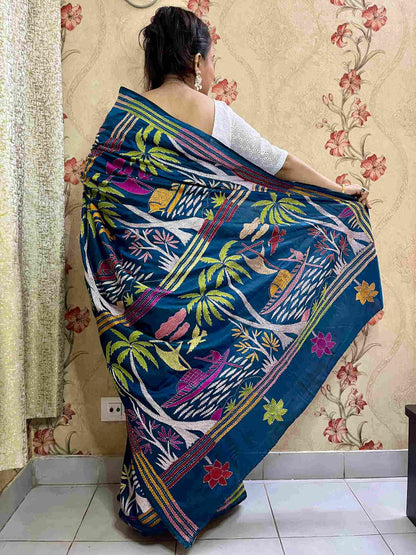 Kantha Stitch Boat & Village Motif Saree (Peacock Blue) on Blended Bangalore Silk