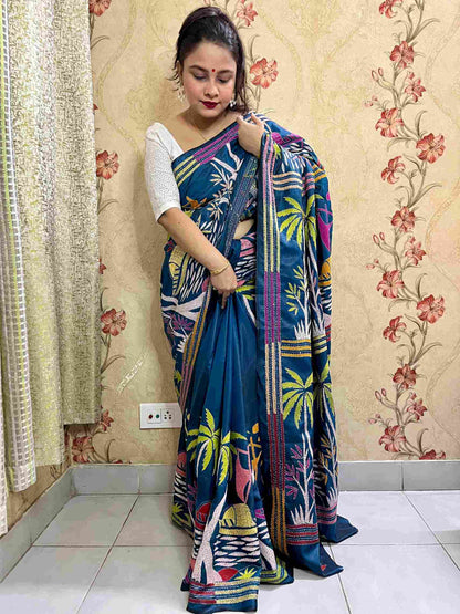 Kantha Stitch Boat & Village Motif Saree (Peacock Blue) on Blended Bangalore Silk