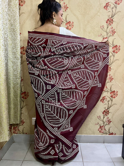 Gujarati Stitch on Blended Bangalore Silk (Maroon Brown)