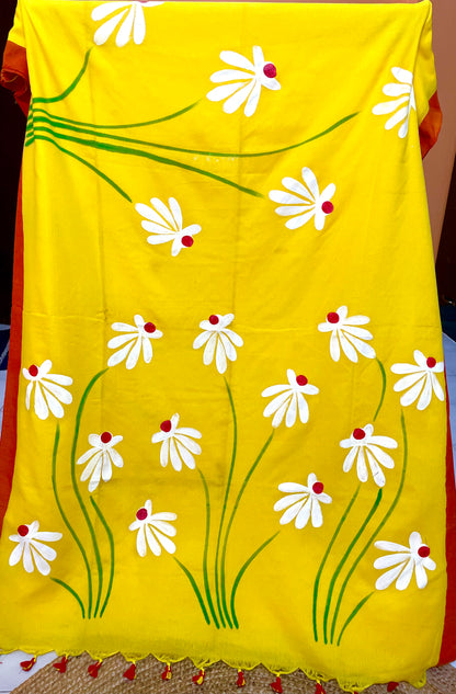 Hand Painted Mul-Cotton Saree (Yellow)