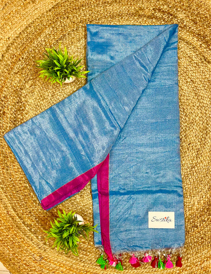 Blue Silver Linen Zari Saree with unstitched blouse piece