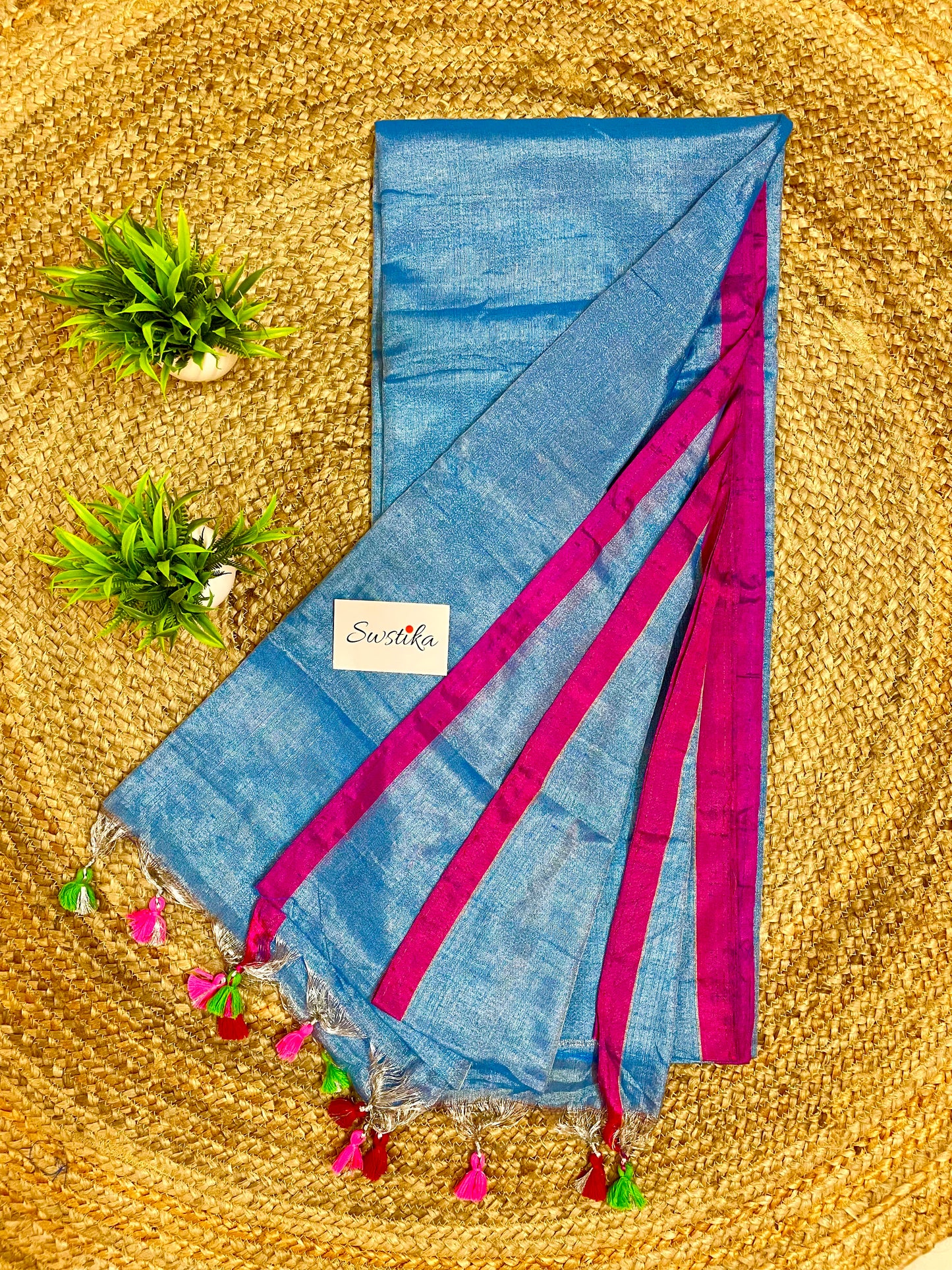 Blue Silver Linen Zari Saree with unstitched blouse piece