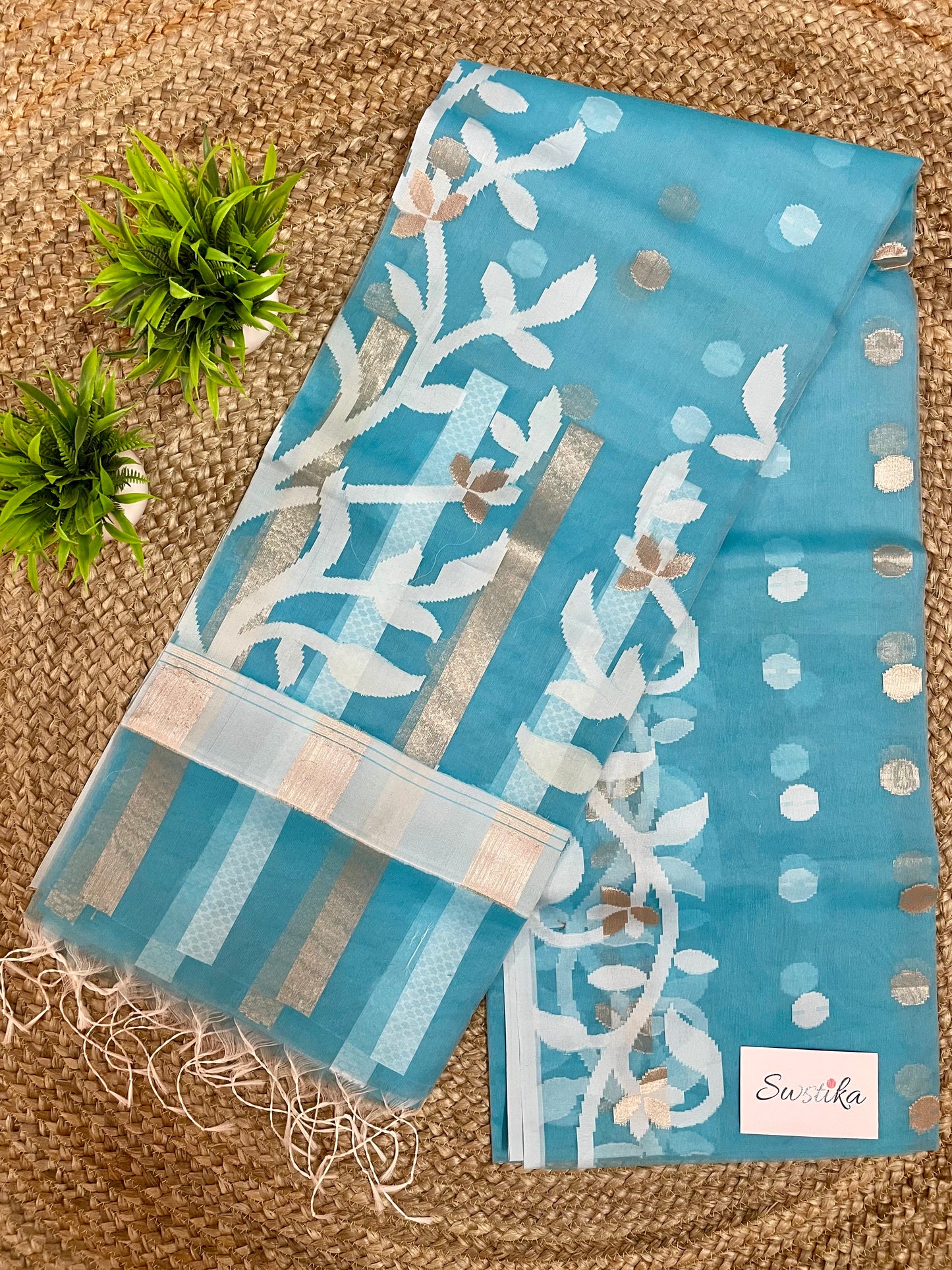 Sky Blue Resham Silk Muslin Handloom Jamdani Saree with unstitched Blouse