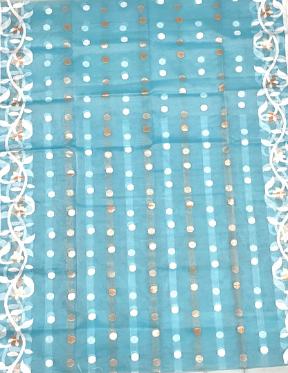 Sky Blue Resham Silk Muslin Handloom Jamdani Saree with unstitched Blouse