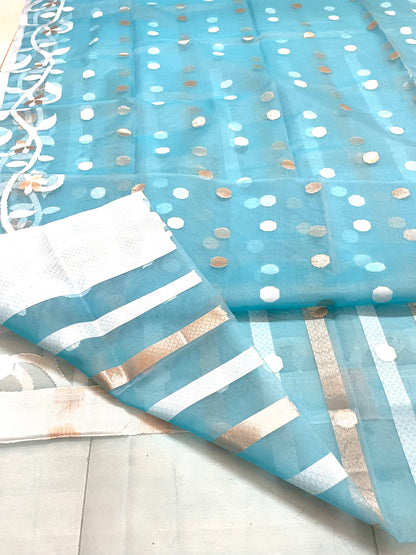 Sky Blue Resham Silk Muslin Handloom Jamdani Saree with unstitched Blouse