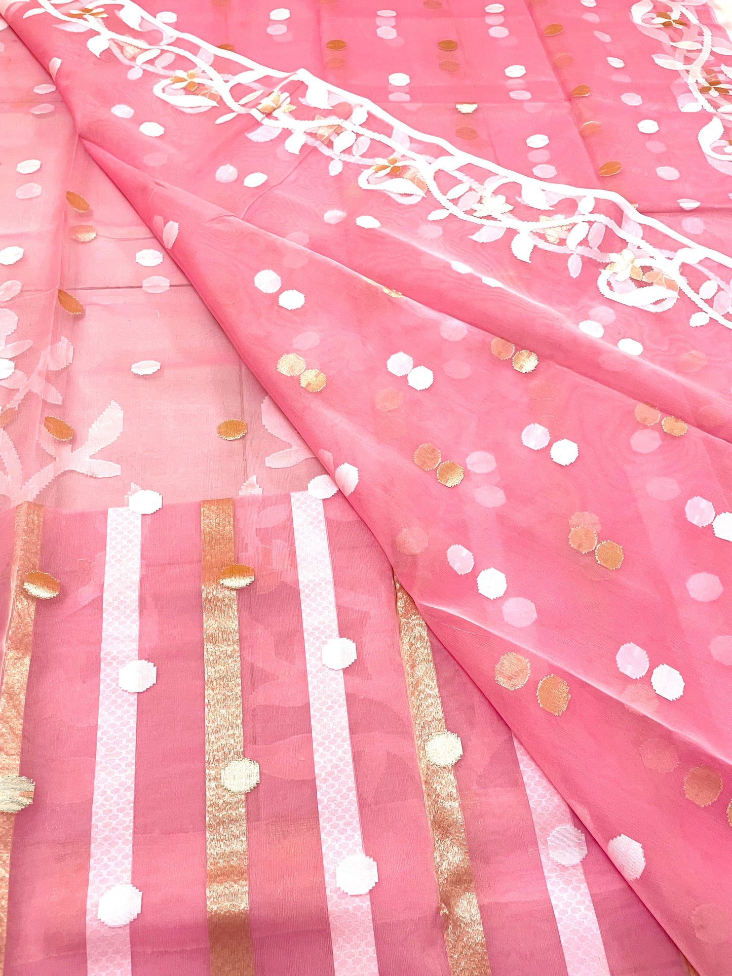 Peach Pink Resham Silk Muslin Handloom Jamdani Saree with unstitched Blouse