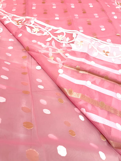 Peach Pink Resham Silk Muslin Handloom Jamdani Saree with unstitched Blouse