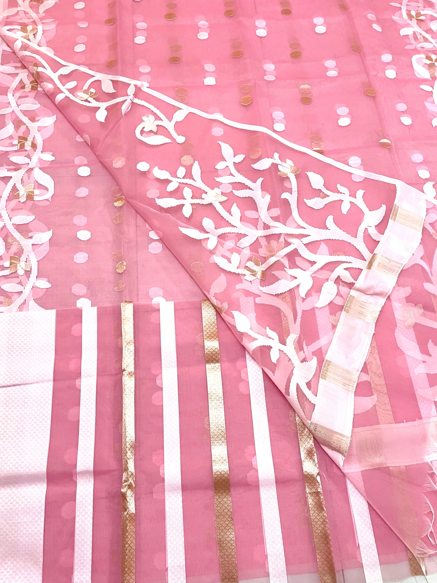 Peach Pink Resham Silk Muslin Handloom Jamdani Saree with unstitched Blouse