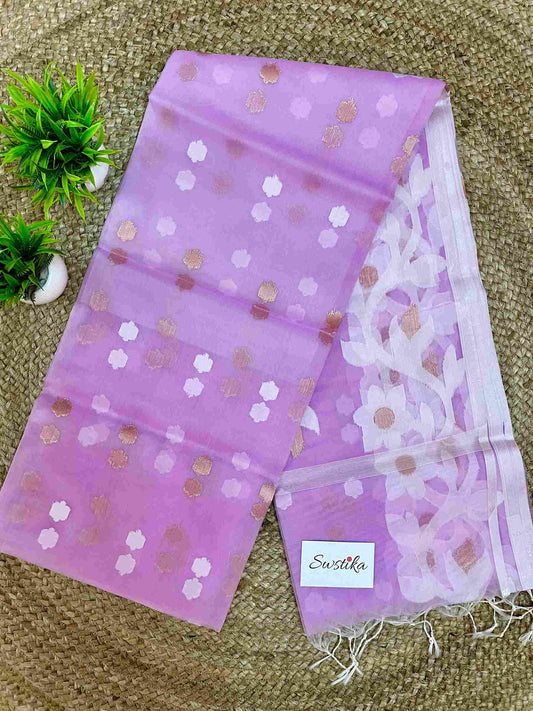 Light Purple Resham Silk Muslin Handloom Jamdani Saree with unstitched Blouse