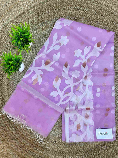 Light Purple Resham Silk Muslin Handloom Jamdani Saree with unstitched Blouse