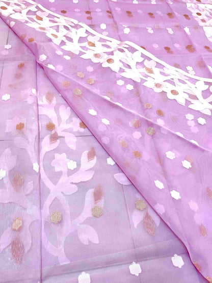 Light Purple Resham Silk Muslin Handloom Jamdani Saree with unstitched Blouse