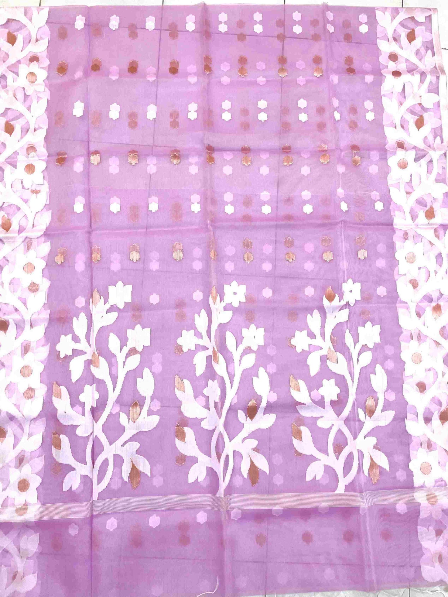 Light Purple Resham Silk Muslin Handloom Jamdani Saree with unstitched Blouse