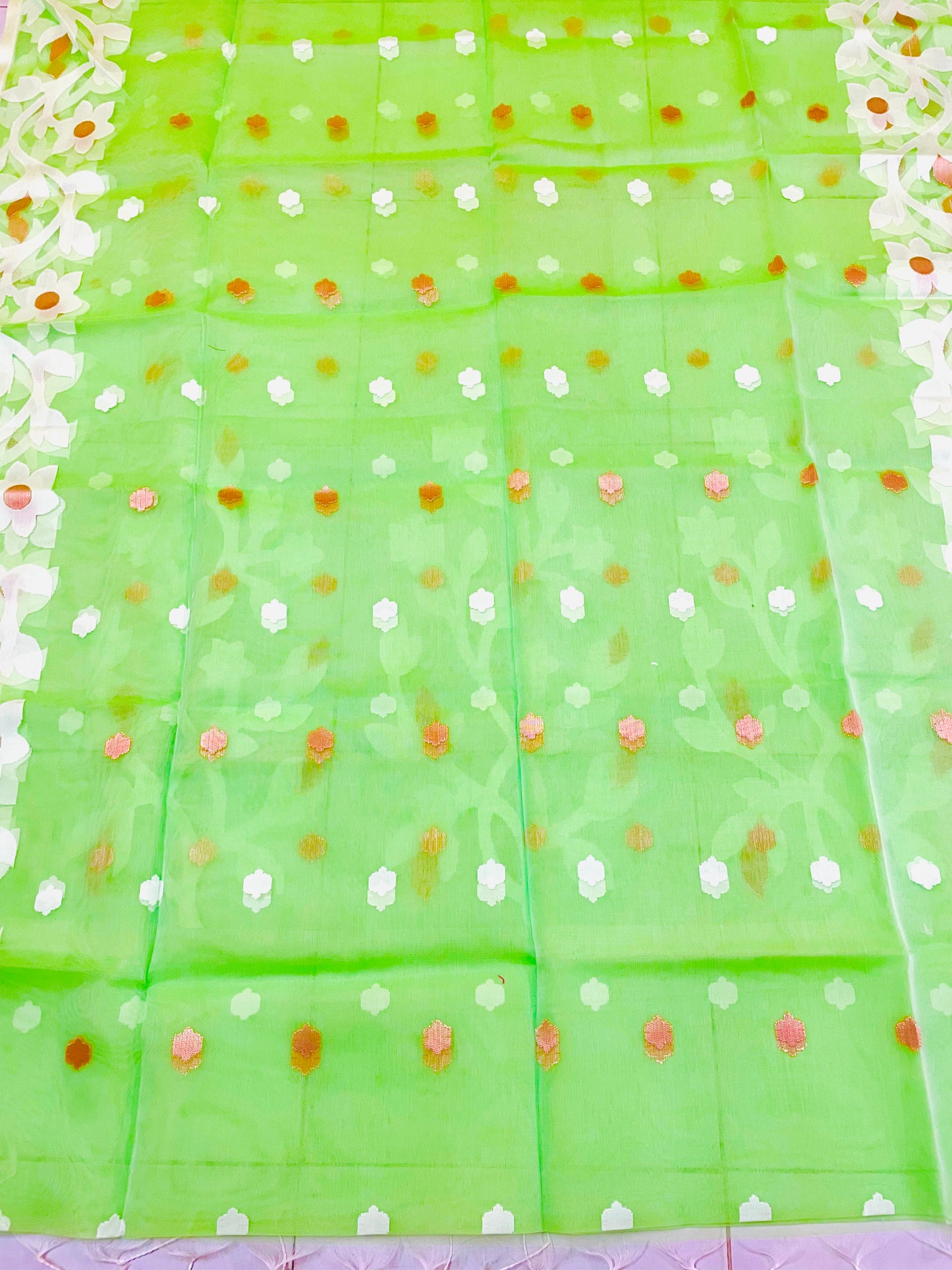 Banana Leaf Green Resham Silk Muslin Handloom Jamdani Saree with unstitched Blouse