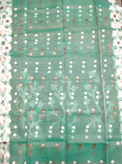 Sea Green Resham Silk Muslin Handloom Jamdani Saree with unstitched Blouse