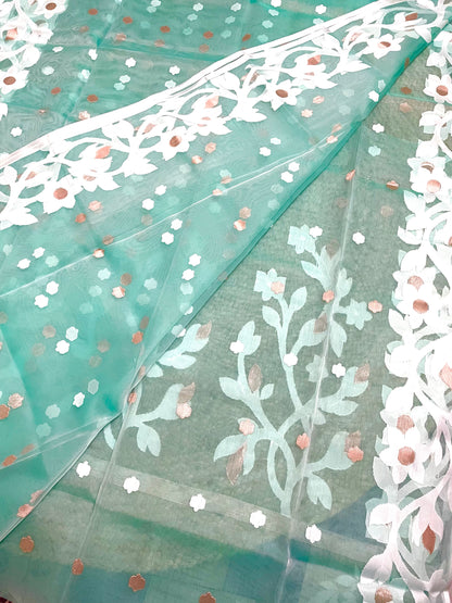 Sea Green Resham Silk Muslin Handloom Jamdani Saree with unstitched Blouse