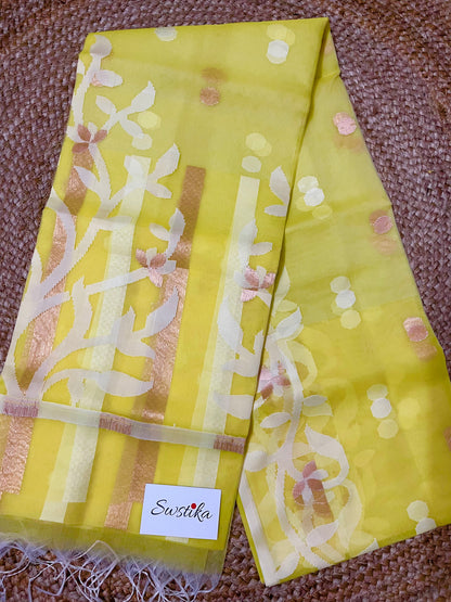 Mustard Yellow Resham Silk Muslin Handloom Jamdani Saree with unstitched Blouse