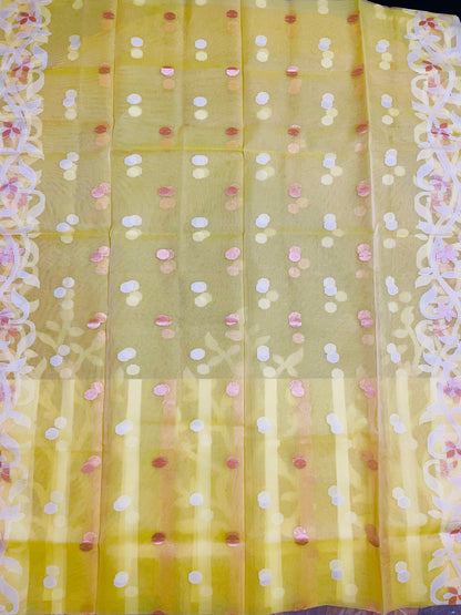 Mustard Yellow Resham Silk Muslin Handloom Jamdani Saree with unstitched Blouse