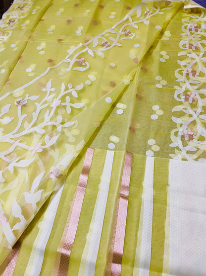 Mustard Yellow Resham Silk Muslin Handloom Jamdani Saree with unstitched Blouse