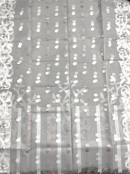 Light Grey Resham Silk Muslin Handloom Jamdani Saree with unstitched Blouse