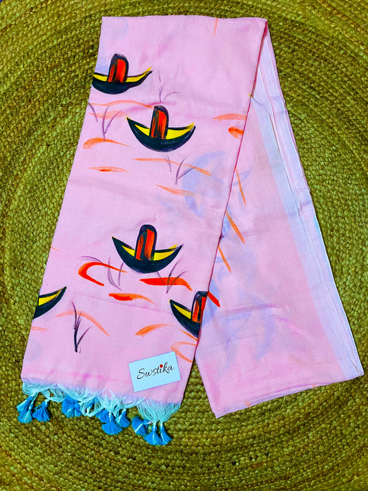 Hand Painted Nauko (Boat) design Mul-Cotton Saree (Light Pink)