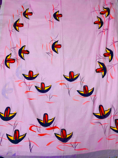 Hand Painted Nauko (Boat) design Mul-Cotton Saree (Light Pink)