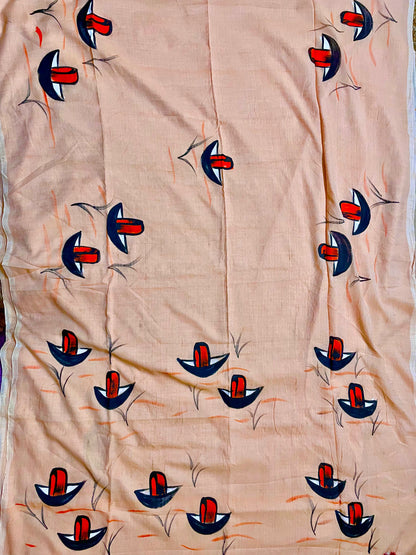 Hand Painted Nauko (Boat) design Mul-Cotton Saree (Peach)