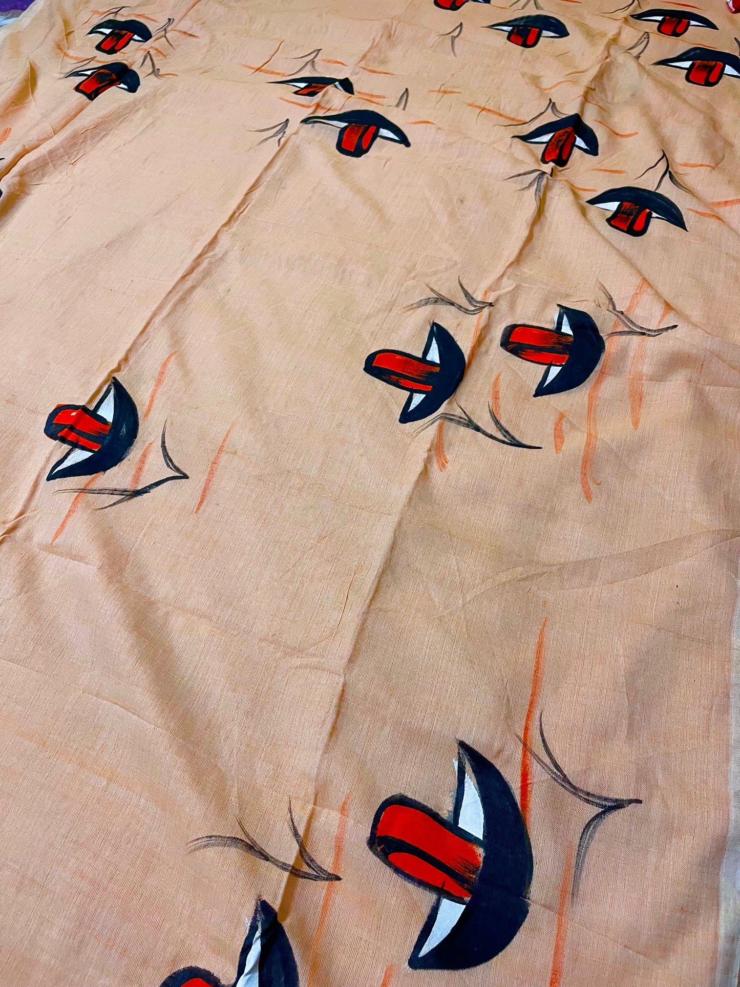 Hand Painted Nauko (Boat) design Mul-Cotton Saree (Peach)