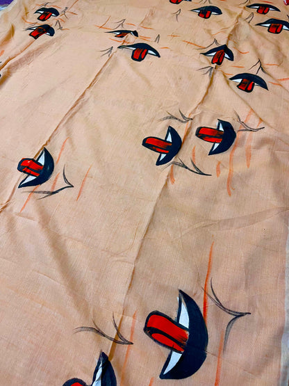 Hand Painted Nauko (Boat) design Mul-Cotton Saree (Peach)