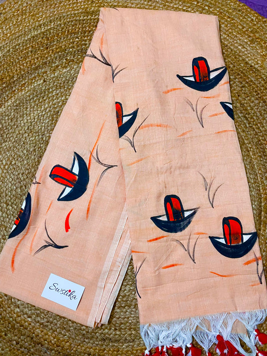 Hand Painted Nauko (Boat) design Mul-Cotton Saree (Peach)