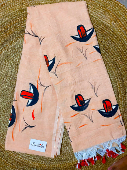 Hand Painted Nauko (Boat) design Mul-Cotton Saree (Peach)