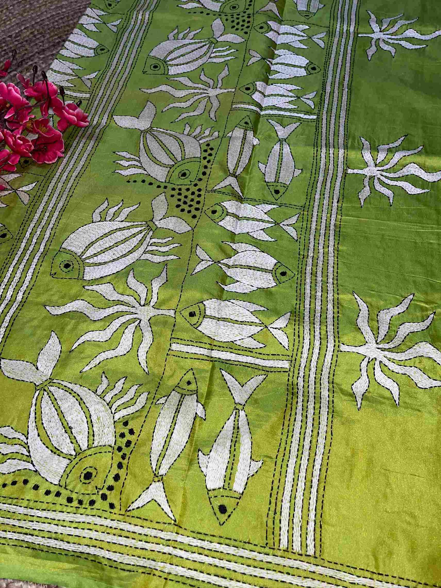 Kantha Stitch with Fish Motifs on Blended Bangalore Silk (hand work)