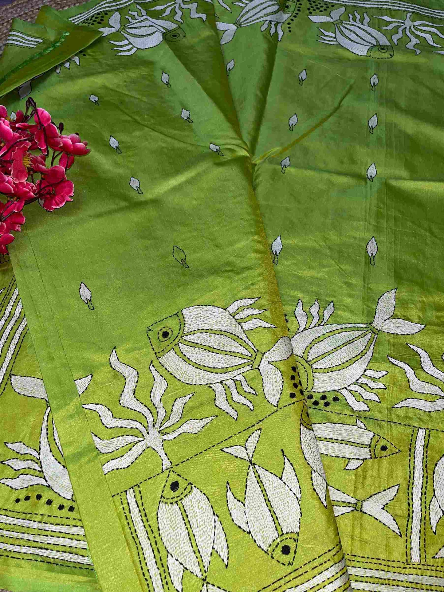 Kantha Stitch with Fish Motifs on Blended Bangalore Silk (hand work)