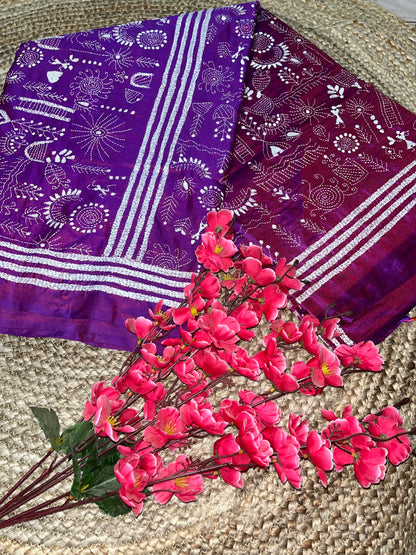 Kantha stitch with Worli design on blended Bangalore Silk