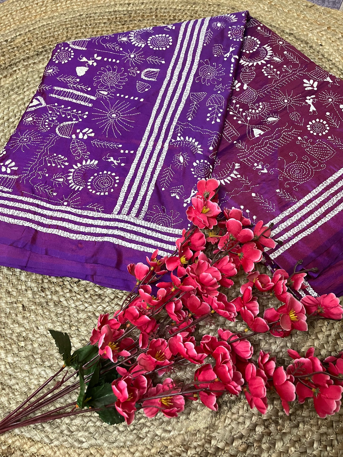 Kantha stitch with Worli design on blended Bangalore Silk