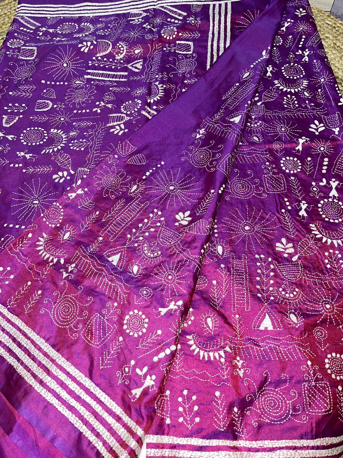 Kantha stitch with Worli design on blended Bangalore Silk