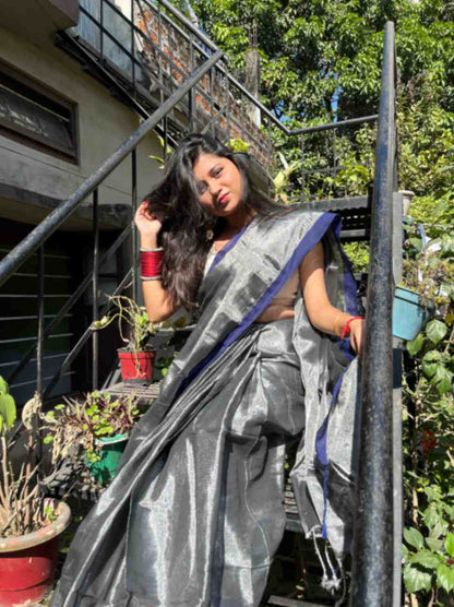 Grey Silver Linen Zari Saree with unstitched blouse piece