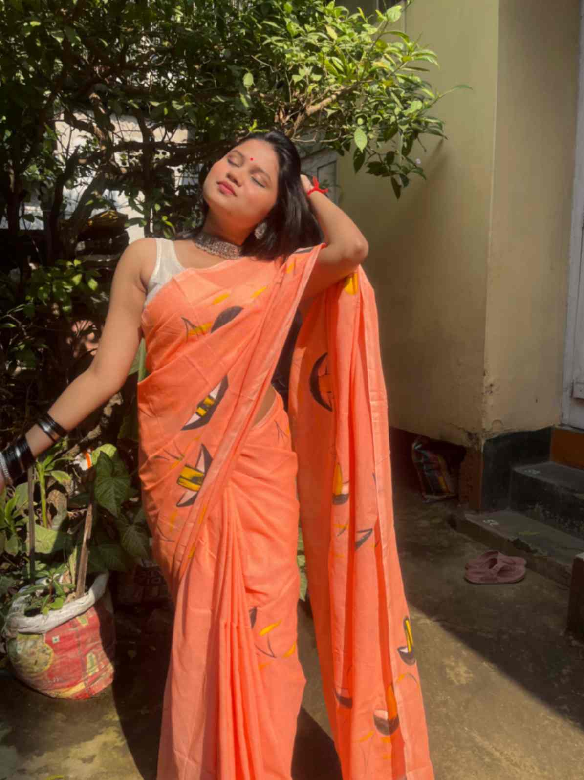 Hand Painted Nauko (Boat) design Mul-Cotton Saree (Fluorescent Peach)