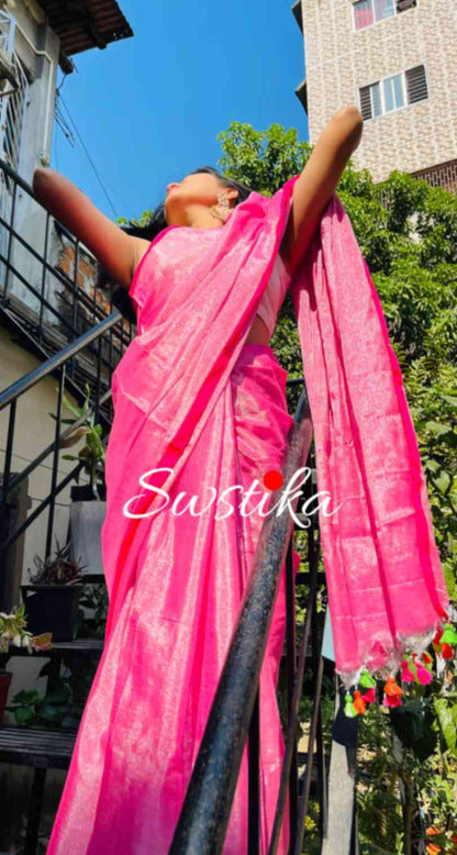 Pink Silver Linen Zari Saree with unstitched blouse piece